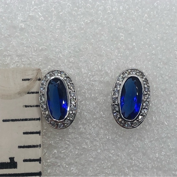 Vtg Sterling Silver Oval Blue & White Cz Halo Stud Earrings .6” x .4” - Picture 7 of 8